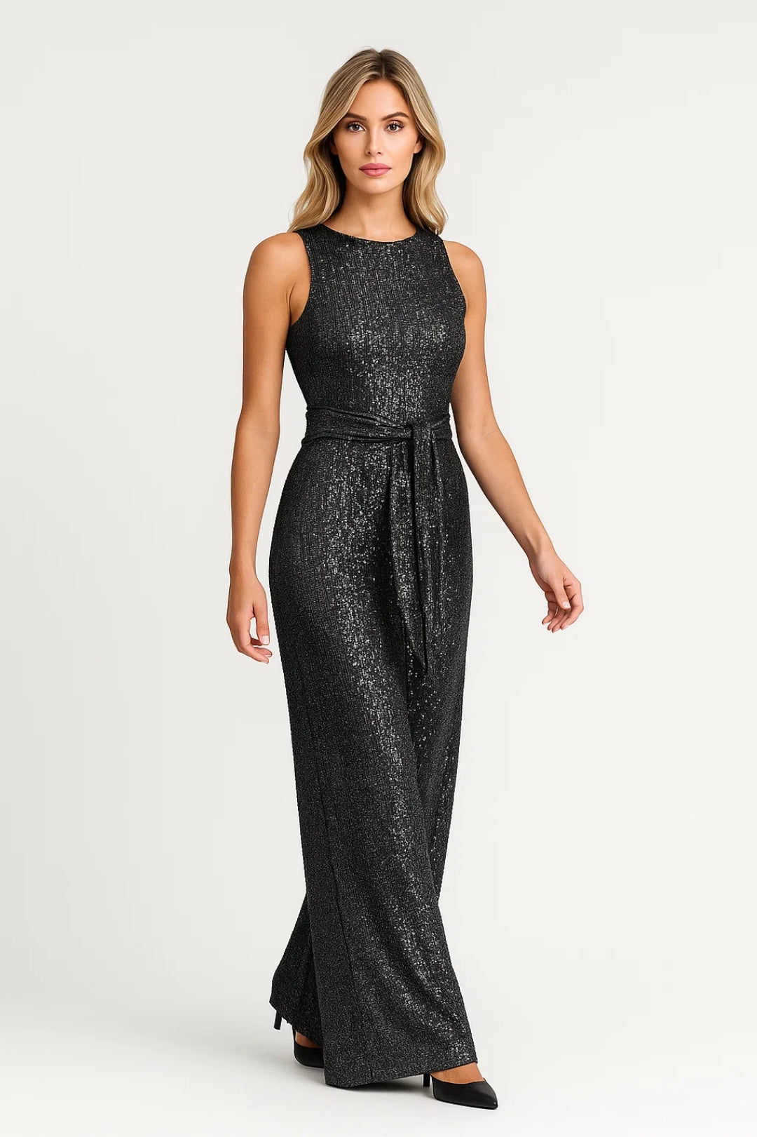 Clara | Sequin Jumpsuit Rose Gold Glitter Sleeveless Belted for Women