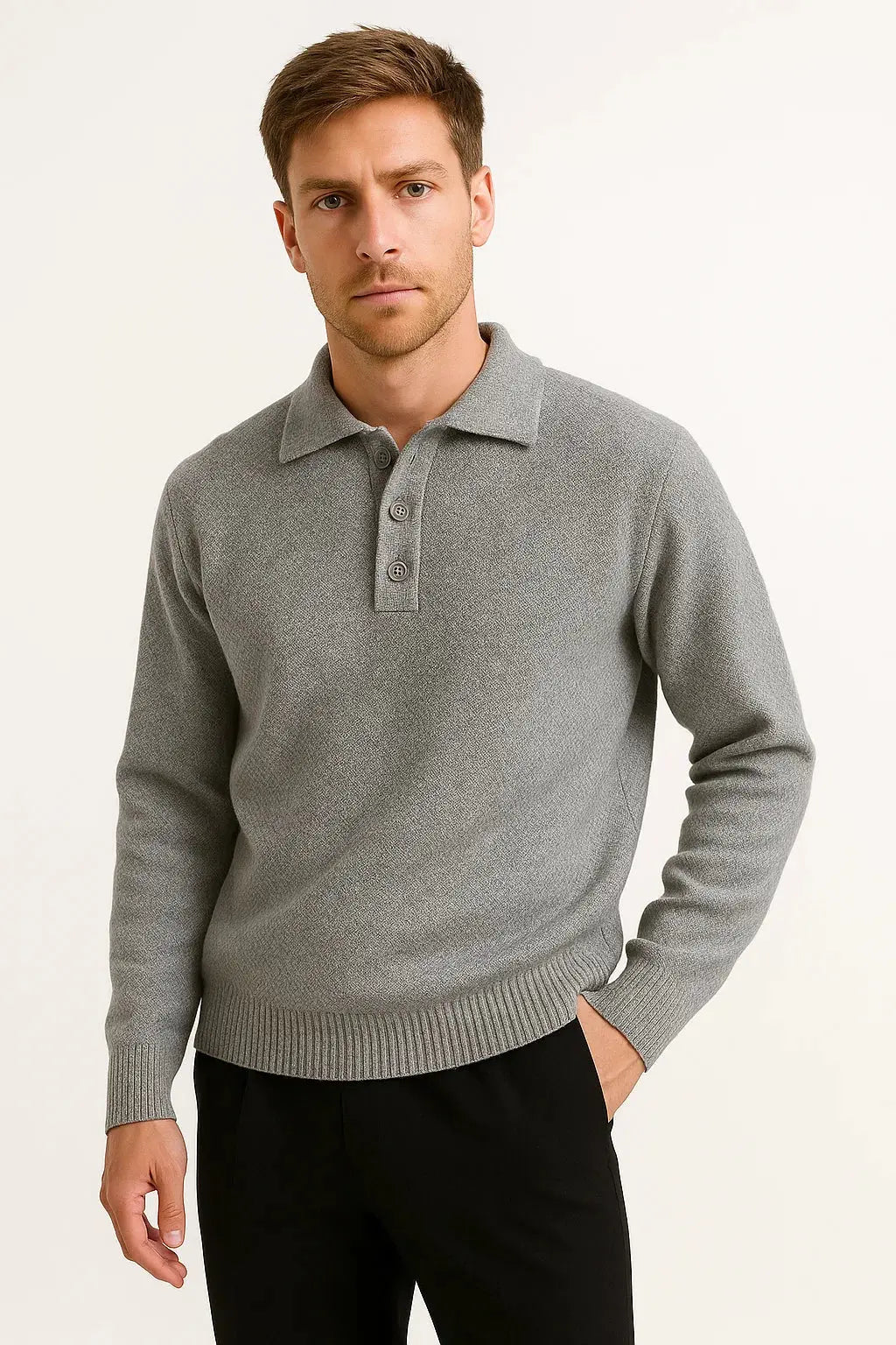 Thomas | Polo Sweater Taupe Knit Long Sleeve for Men
