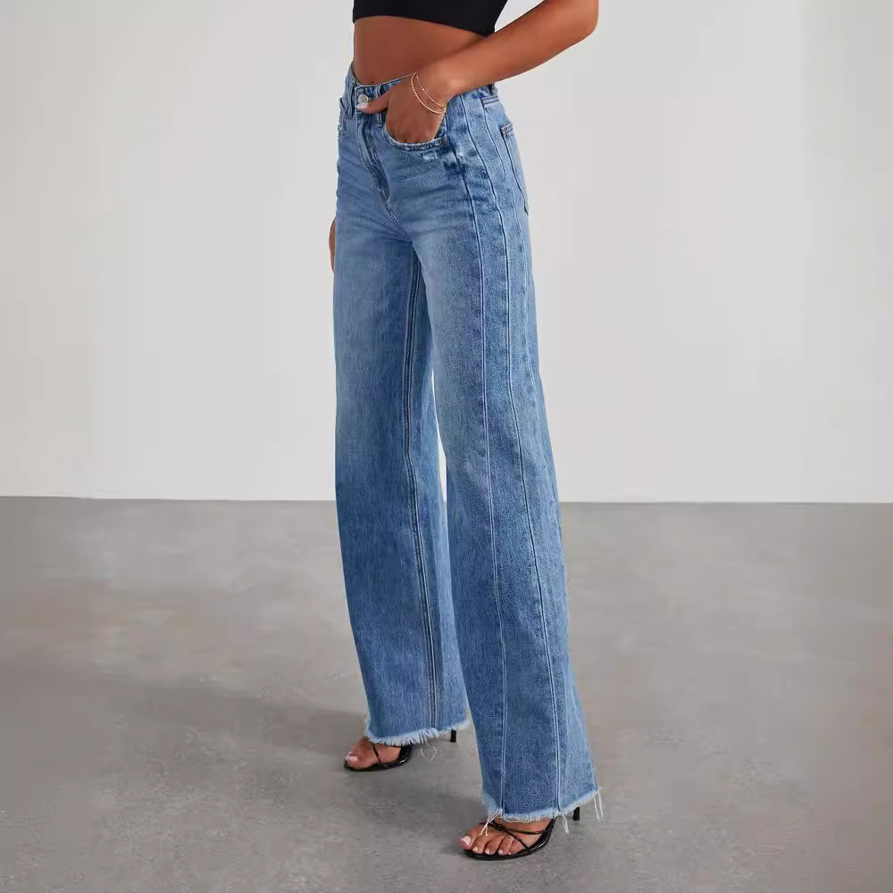 Elaine | Wide-Leg Jeans Blue Denim High-Waist Raw Hem for Women