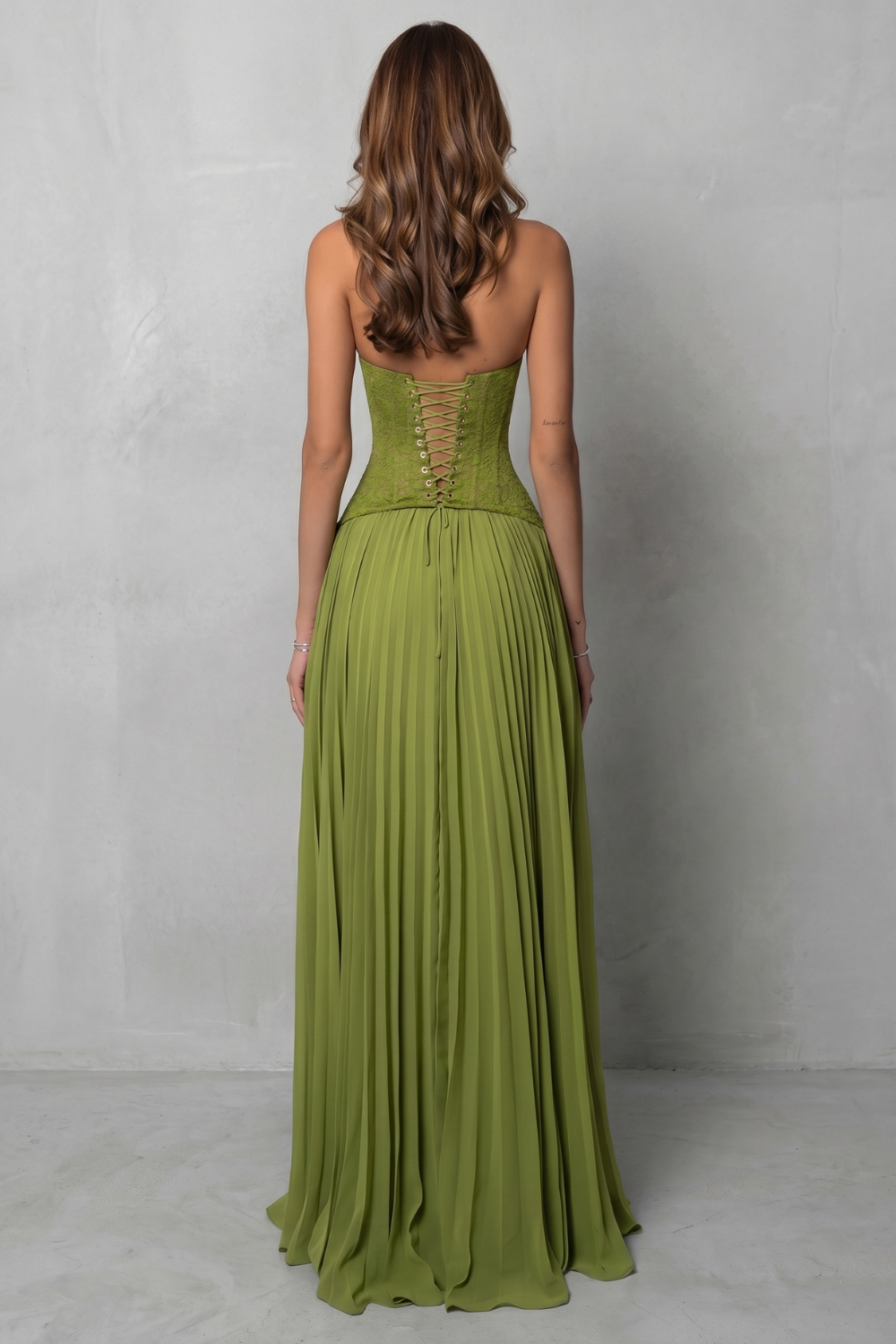 Phoebe | Maxi Dress Olive Green Lace Pleated Halter Corset for Women