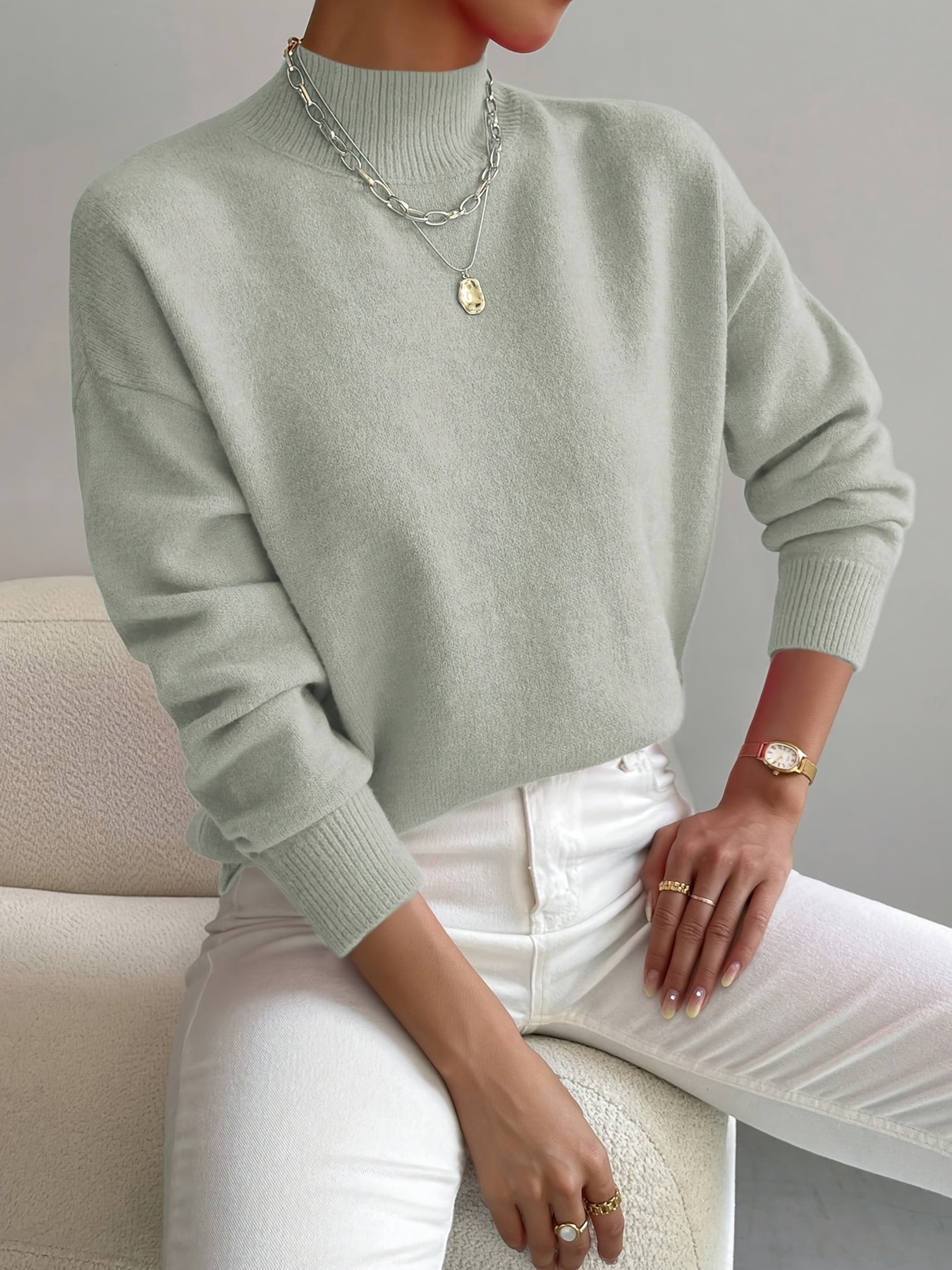 Phoebe | Knitted Sweater White Mock Neck Long Sleeve Regular Fit for Women