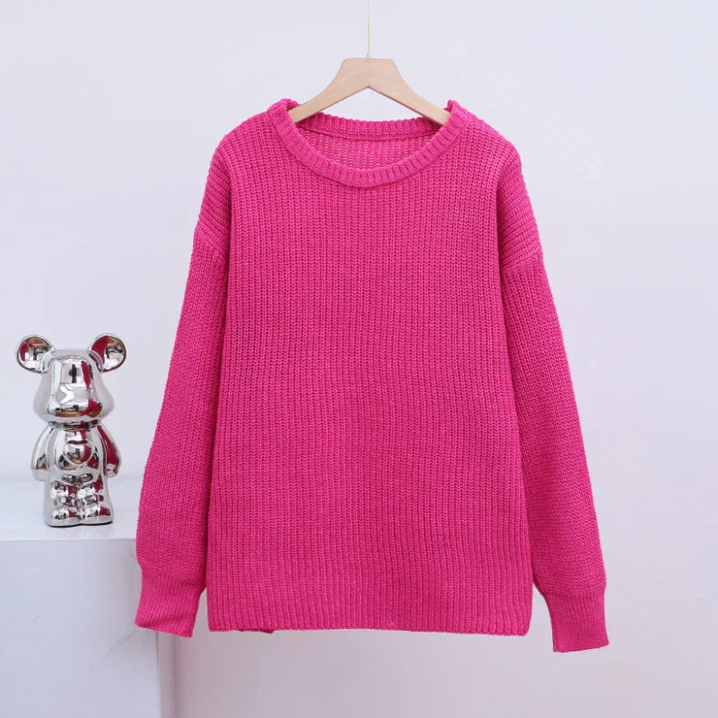Clementine | Chunky Knit Sweater Pink Round Neck Oversized for Women
