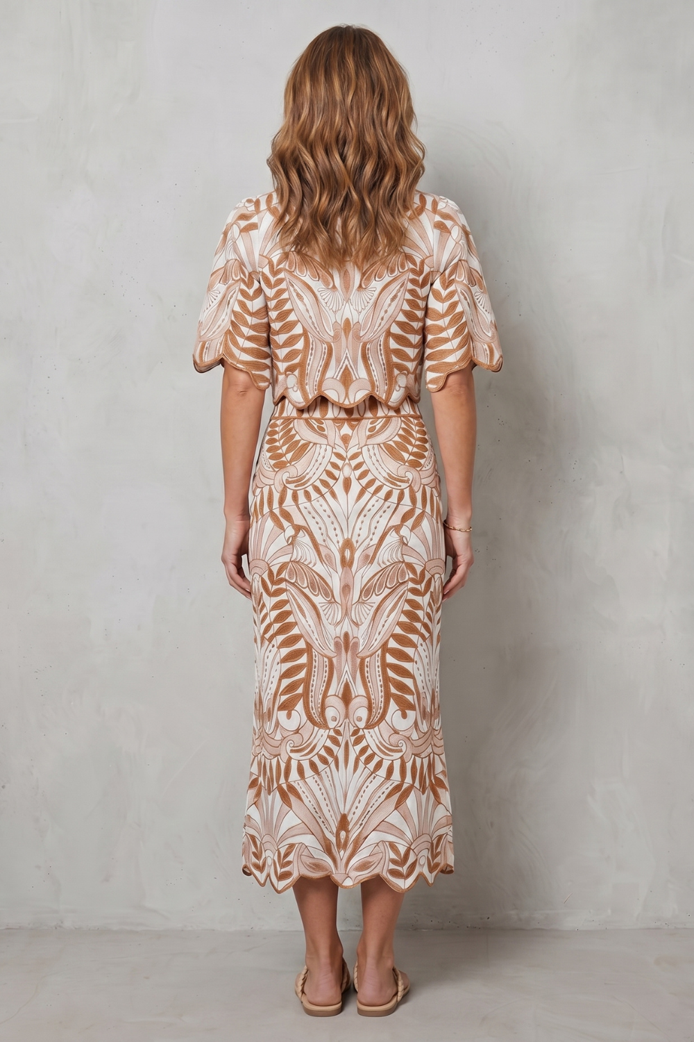 Phoebe | Midi Co-Ord Set Cream Tan Printed Linen Puff Sleeve for Women