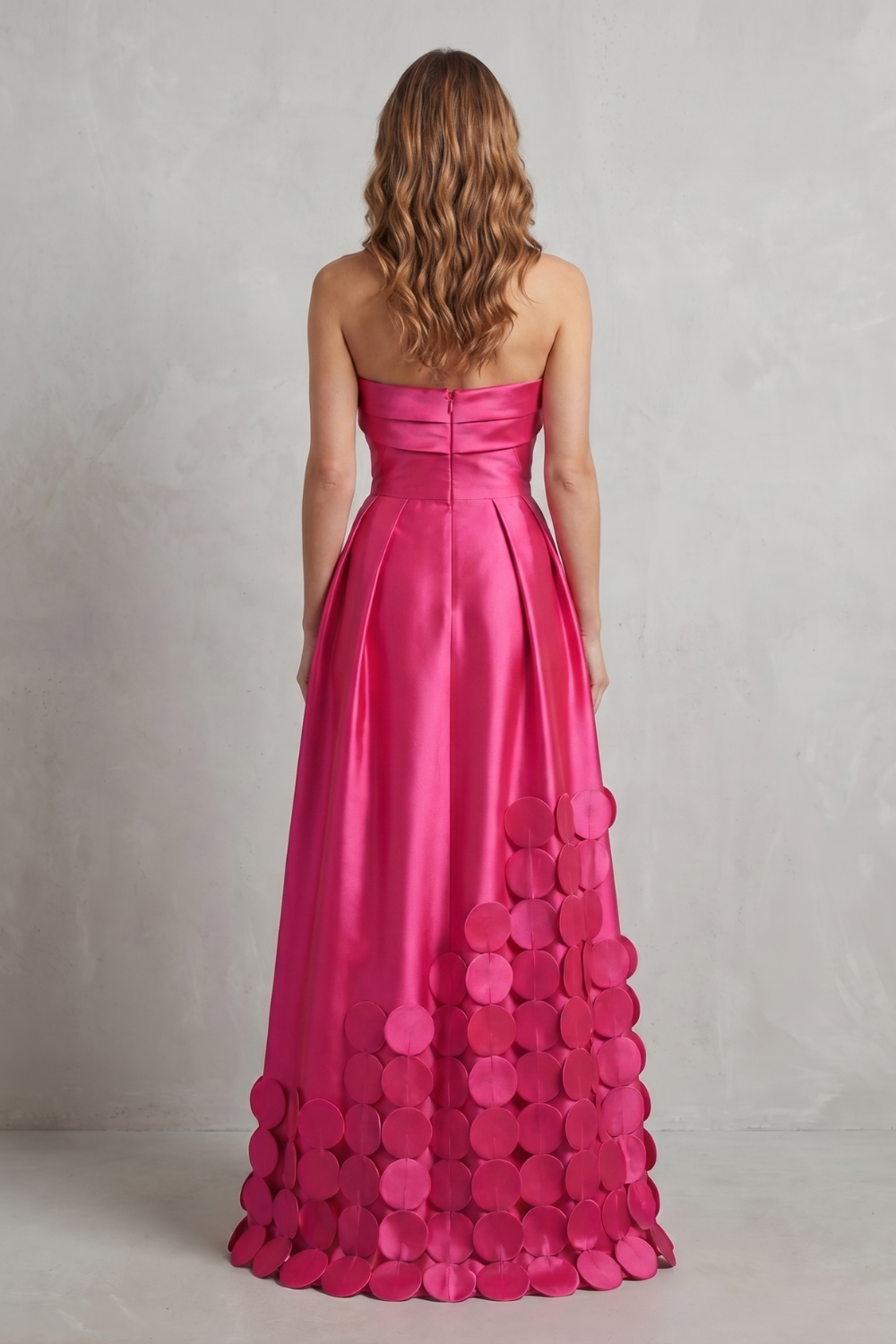 Adelaide | Maxi Dress Hot Pink Satin Strapless Circle Appliqué for Women
