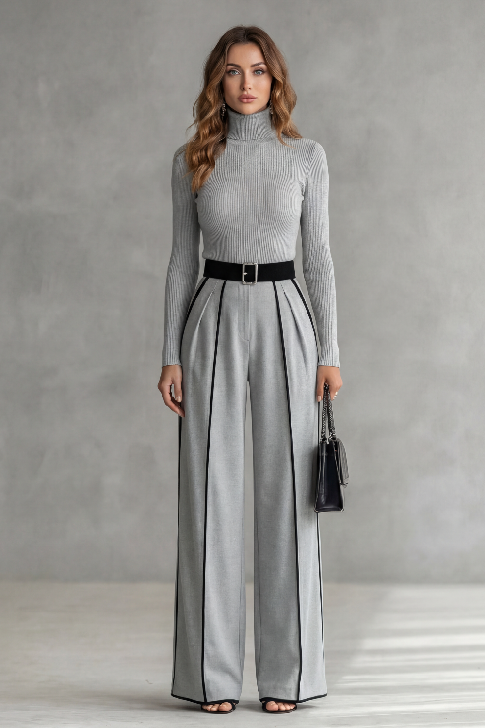 Phoebe | Long Sleeve Jumpsuit Black White Contrast Piping Turtleneck for Women