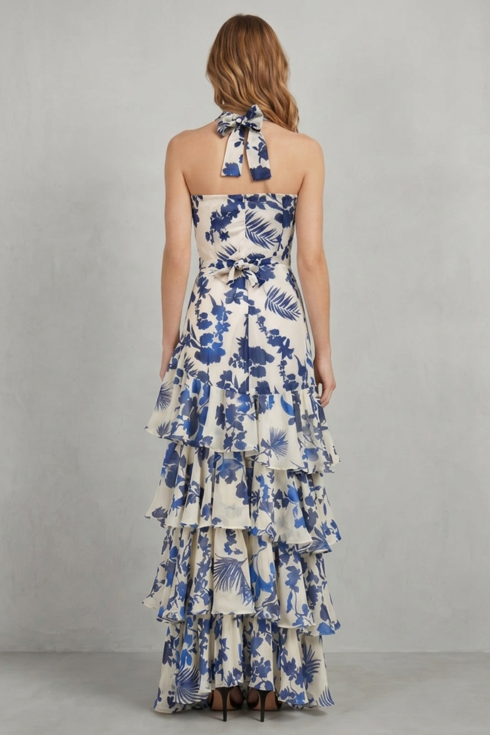 Elspeth | Maxi Dress Ivory Blue Floral Halter Tiered Ruffle for Women