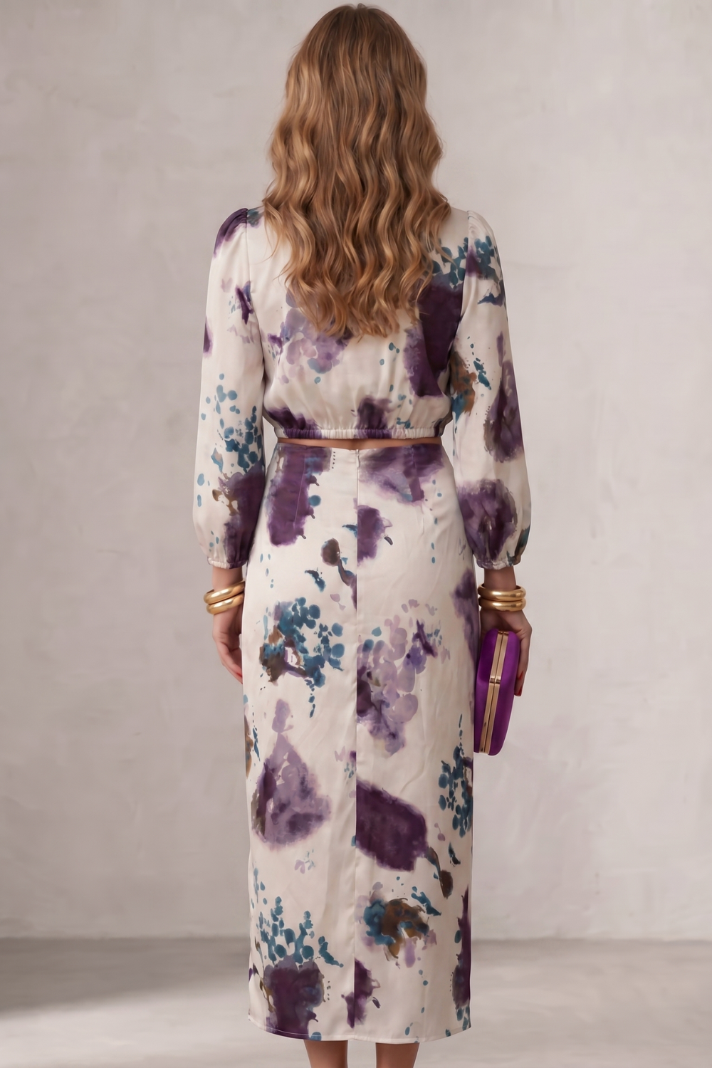 Lunette | Midi Outfit Set Ivory Purple Watercolour Floral Satin for Women