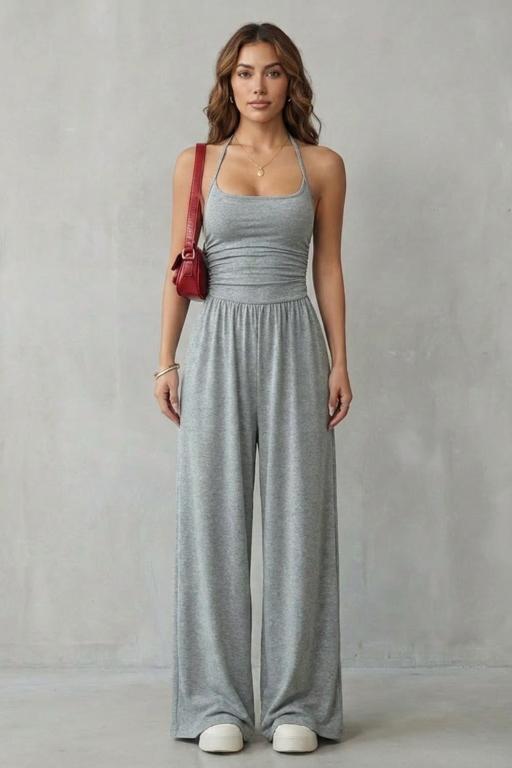 Darcy | Wide-Leg Jumpsuit Black Jersey Sleeveless Ruched for Women