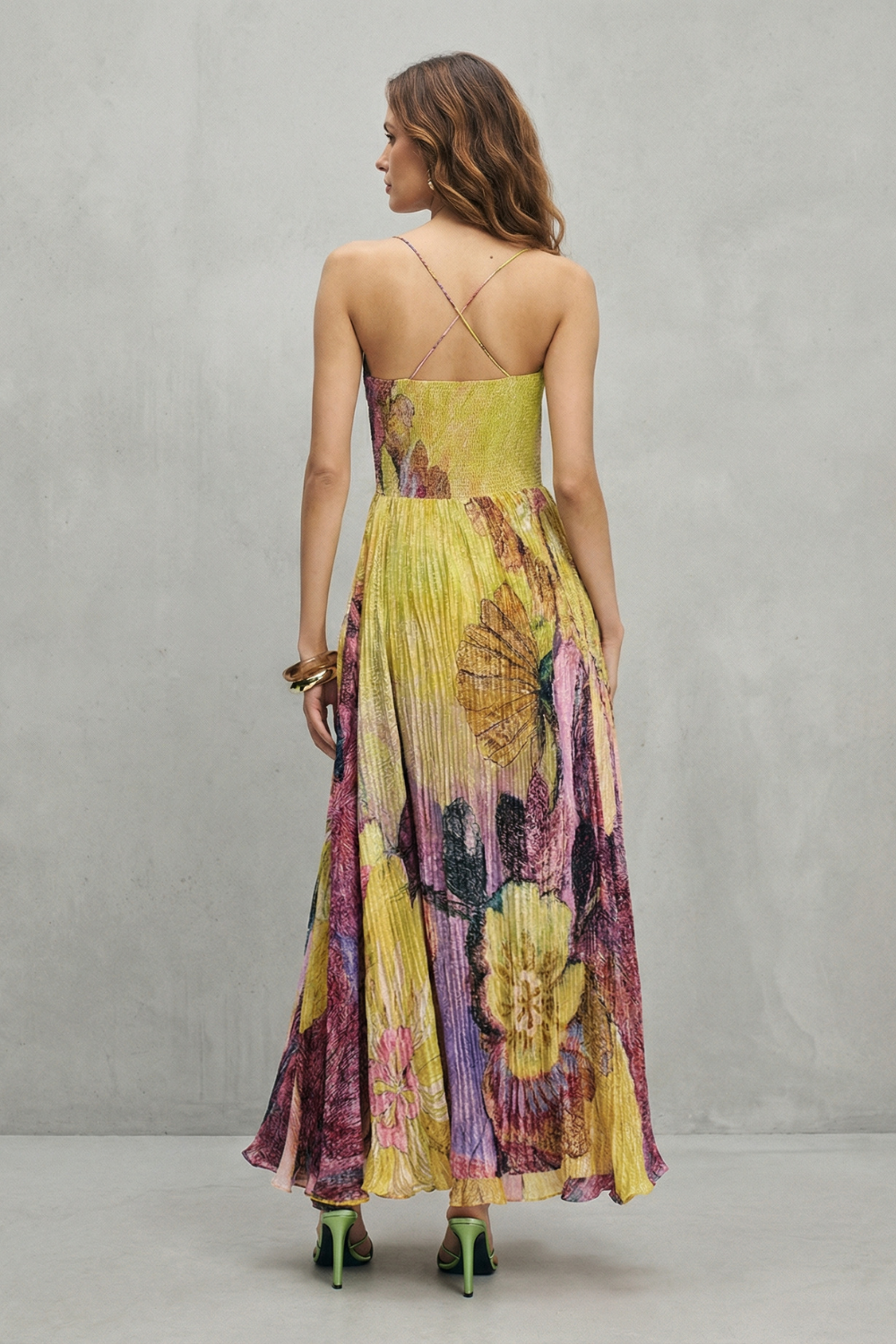 Rosalind | Maxi Dress Yellow Floral Pleated Chiffon Spaghetti Strap for Women