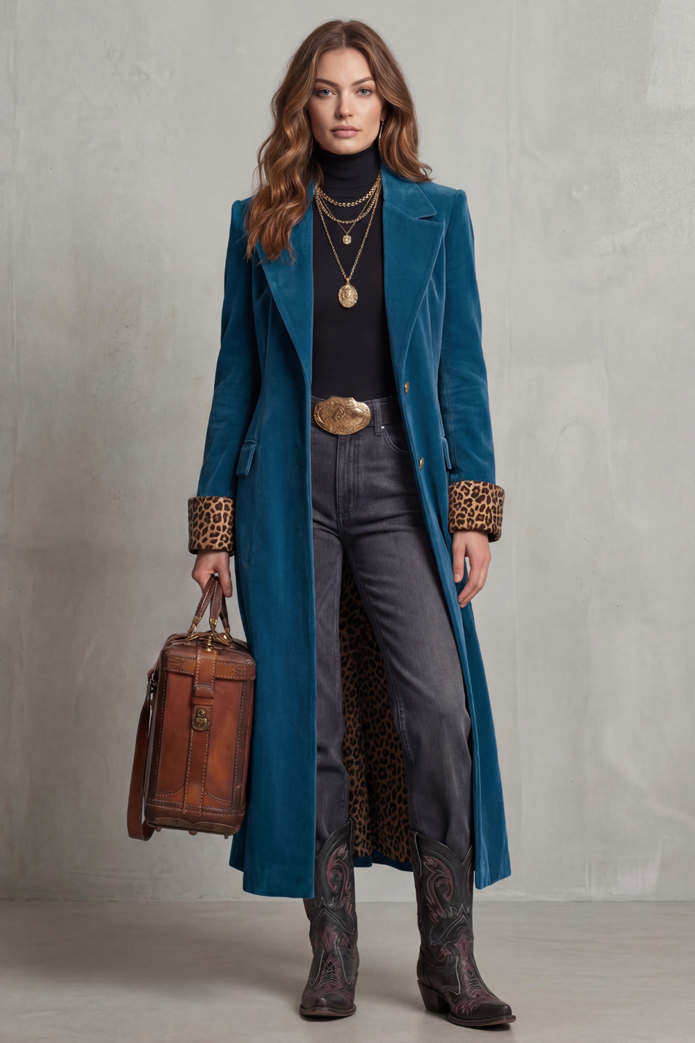 Phoebe | Long Overcoat Dusty Rose Velvet Leopard-Lined for Women