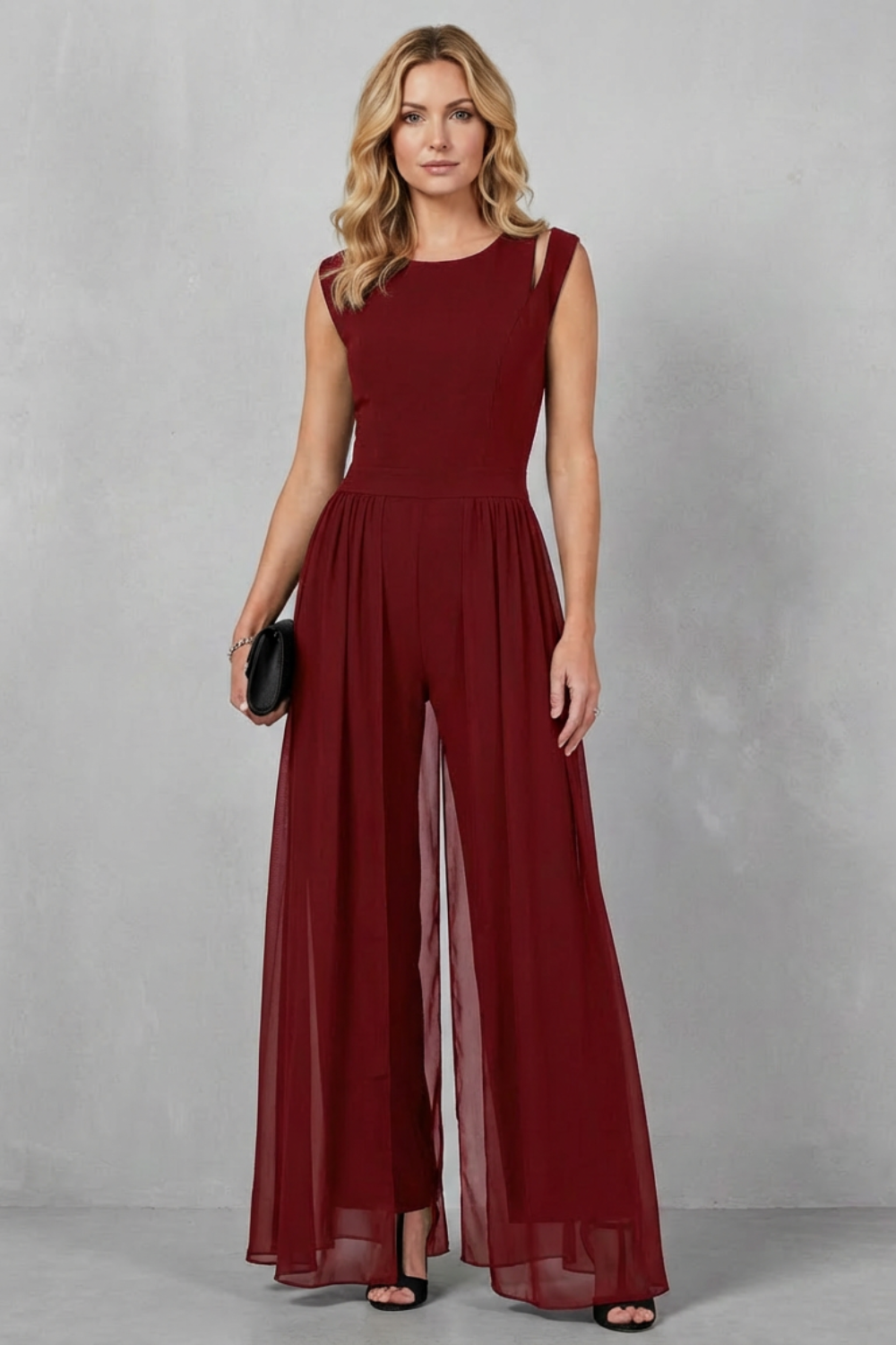 Phoebe | Sleeveless Jumpsuit Black Chiffon Wide-Leg Cutout for Women