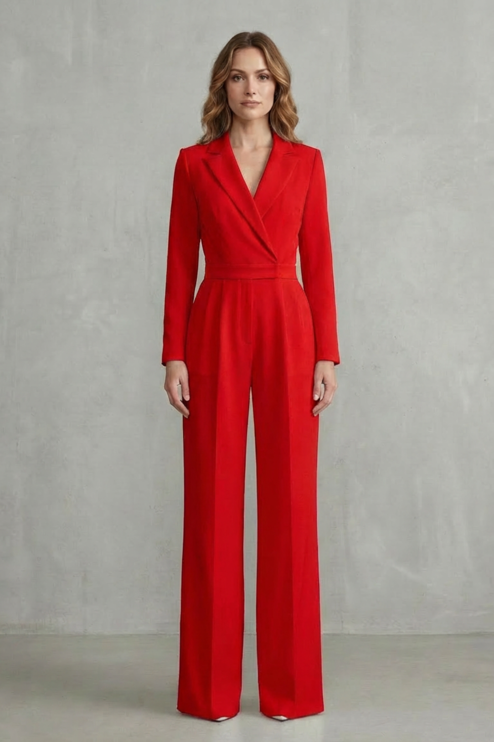 Phoebe | Jumpsuit White Crepe Wide-Leg Tuxedo Long Sleeve for Women