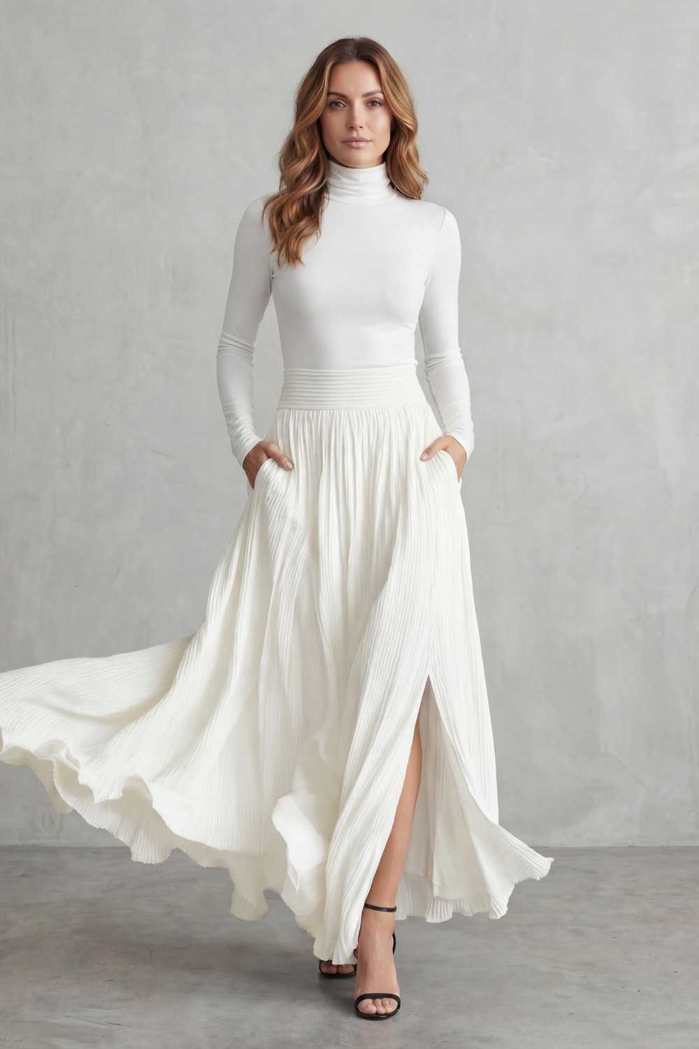 Phoebe | Pleated Maxi Skirt Set Black Satin Two-Piece Turtleneck for Women