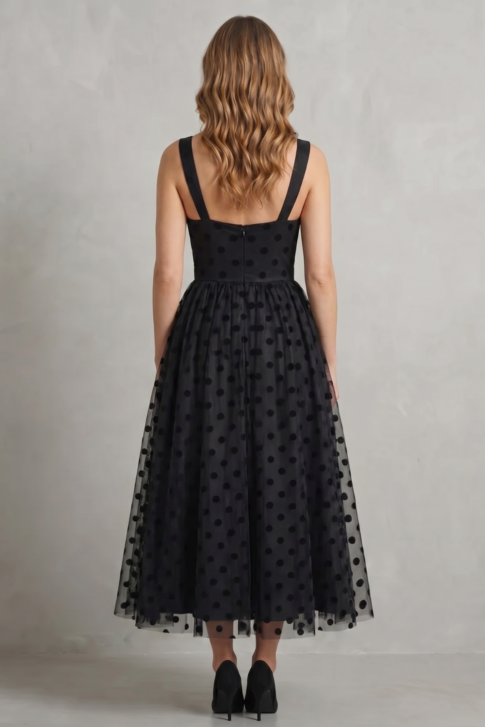 Rowena | Midi Dress Black Polka Dot Tulle Bustier Corset for Women