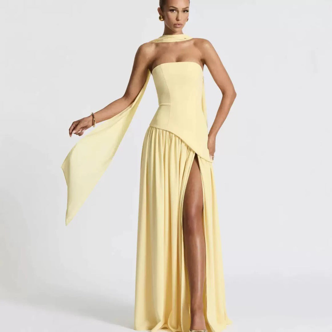 Winsome | Maxi Party Dress Yellow Chiffon Strapless Halter Wrap for Women