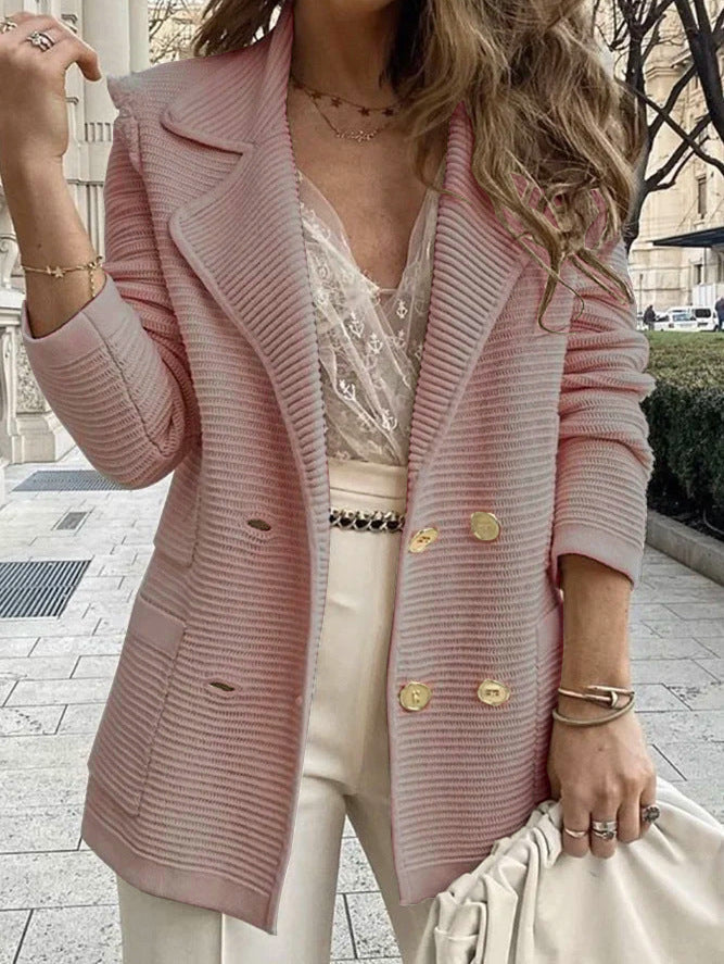 Verity | Knitted Blazer White Double-Breasted Gold Button for Women