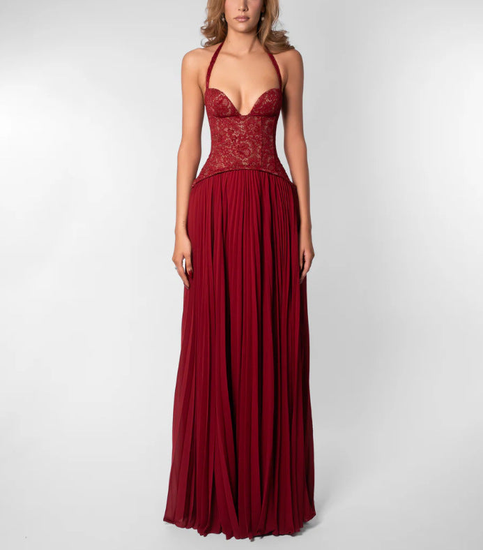 Sorcha | Maxi Party Dress Olive Green Lace Chiffon Halterneck Pleated for Women