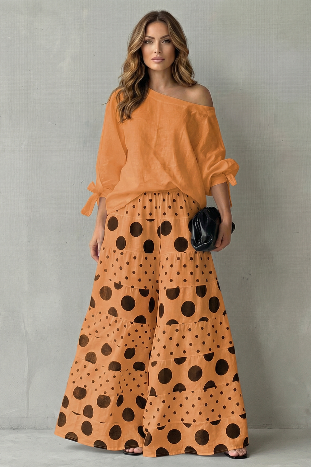 Lara | Wide-Leg Trousers Set White Black Polka Dot Long Sleeve for Women