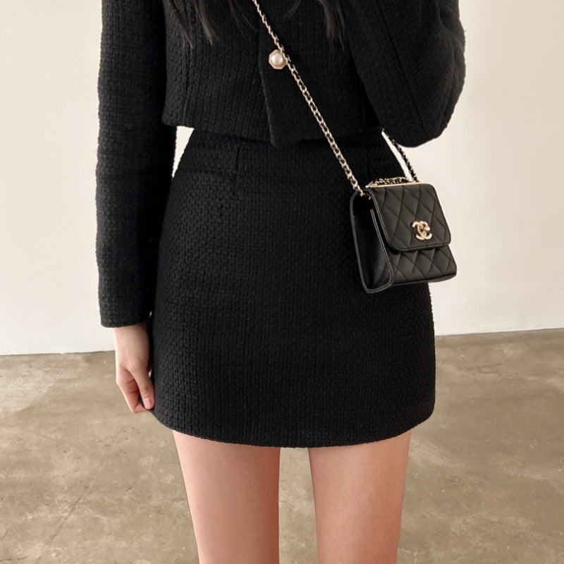 Cecily | Tweed Co-Ord Set Cream Cotton Cropped Jacket Mini Skirt for Women