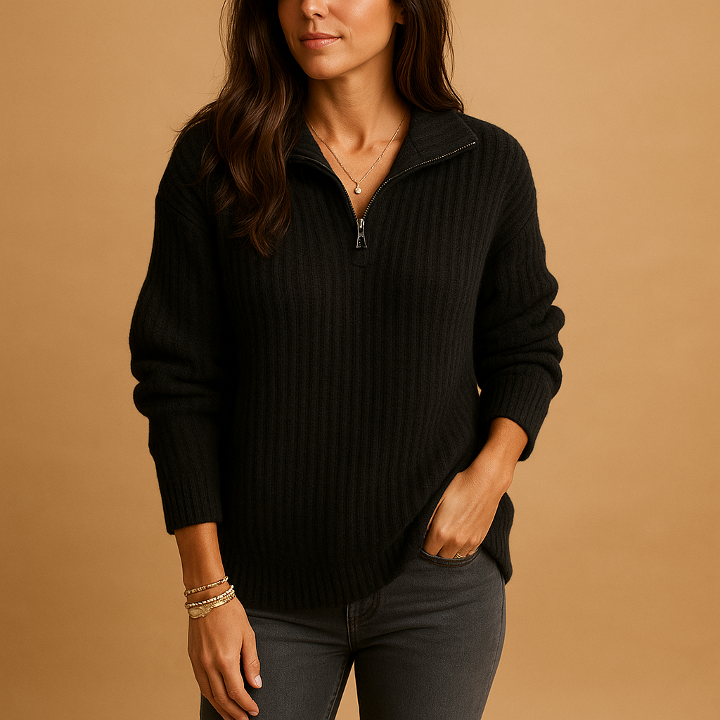 Dorothea | Half-Zip Sweater Light Grey Wool Blend Ribbed Knit for Women