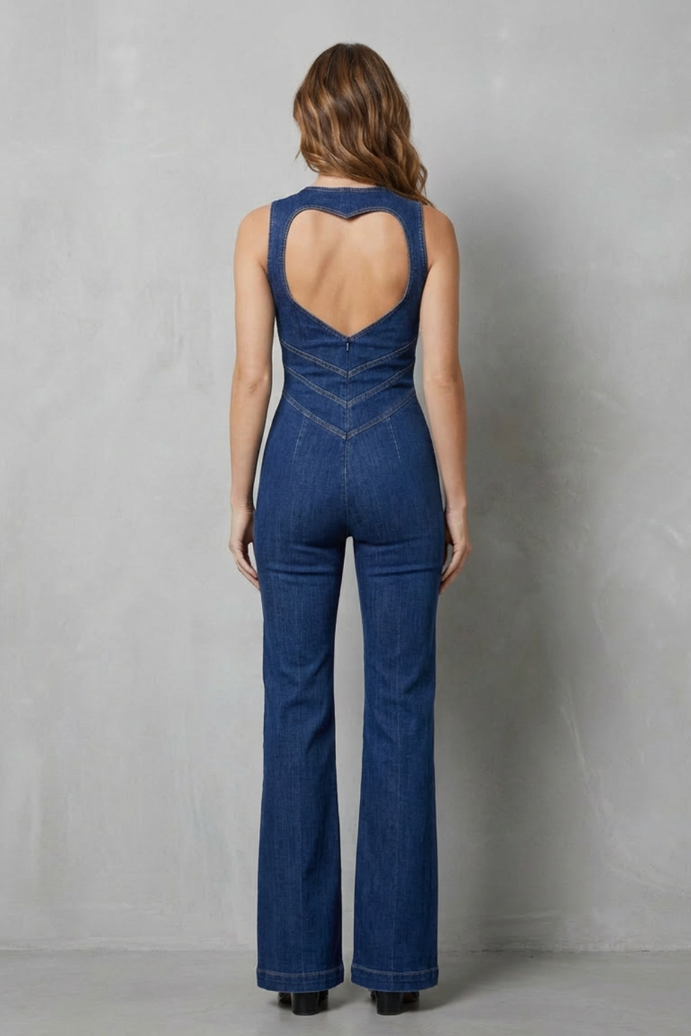 Phoebe | Sleeveless Denim Jumpsuit Blue Stretch Flare Zip-Front for Women