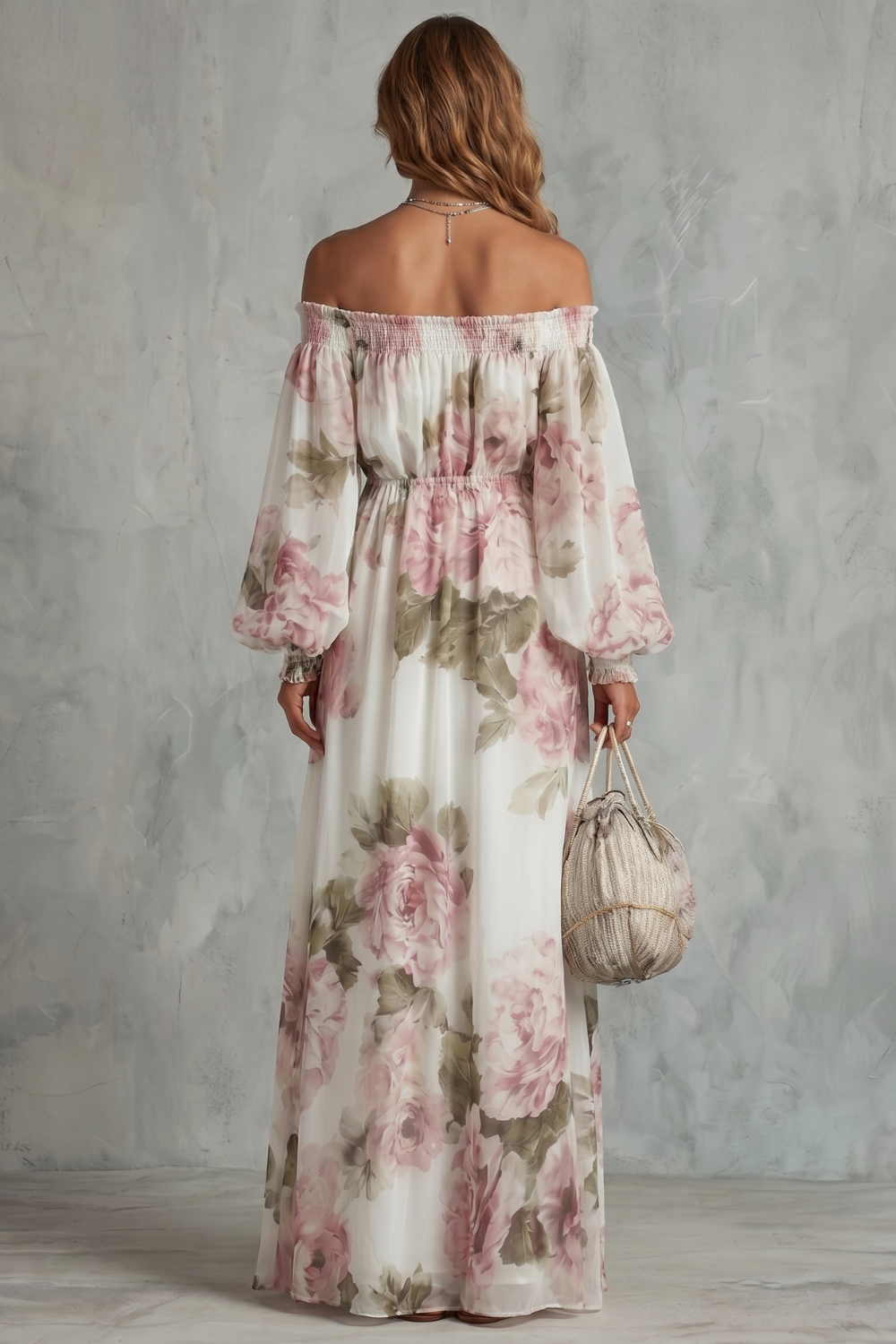 Perdita | Maxi Dress White Pink Floral Chiffon Off-Shoulder for Women