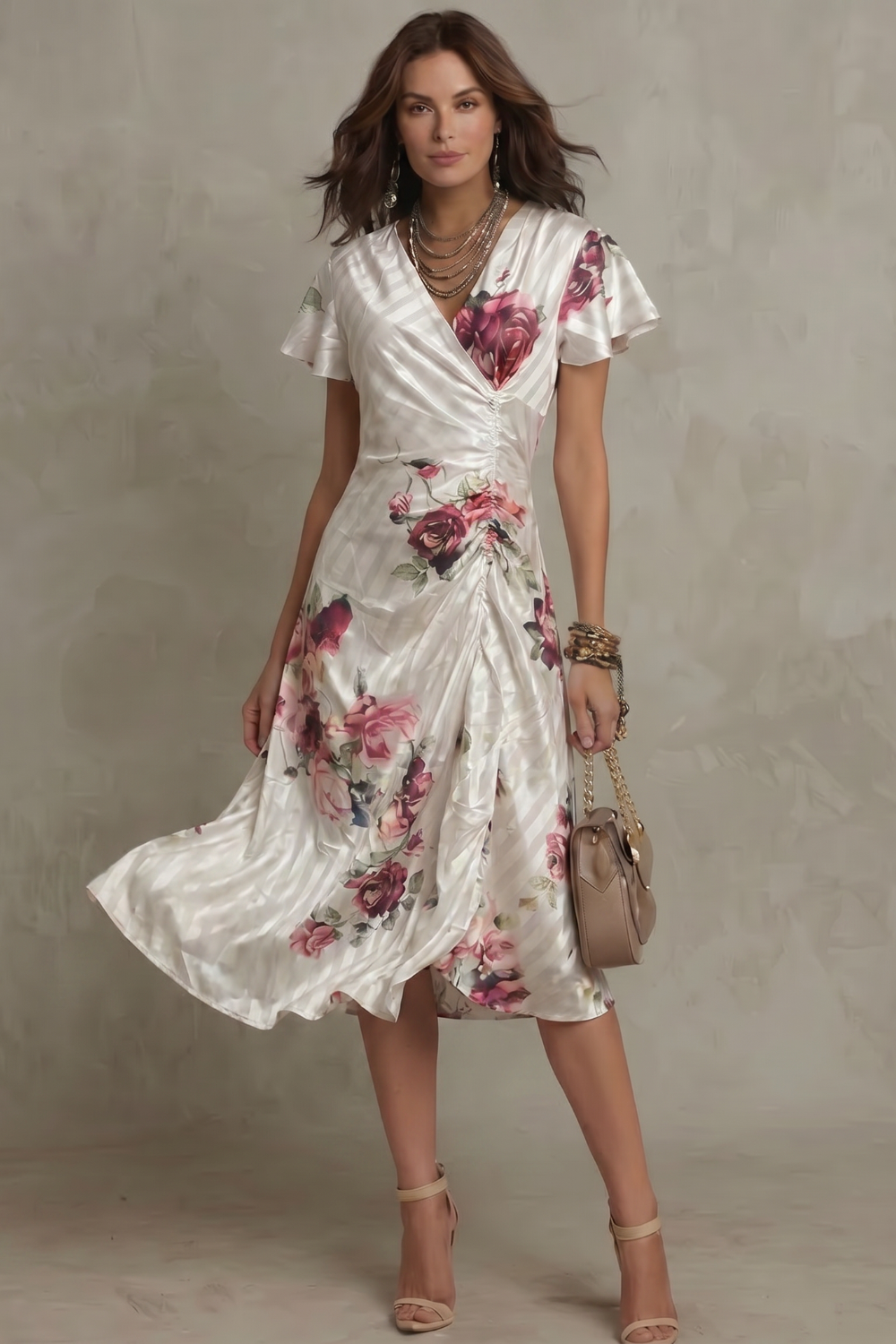 Elspeth | Midi Dress Ivory Floral Satin Flutter Sleeve V-Neck for Women