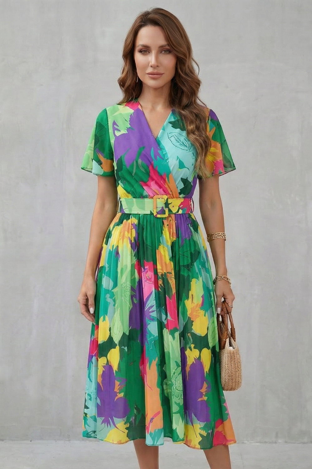 Rosalba | Midi Dress Pink Tropical Floral Belted A-Line for Women