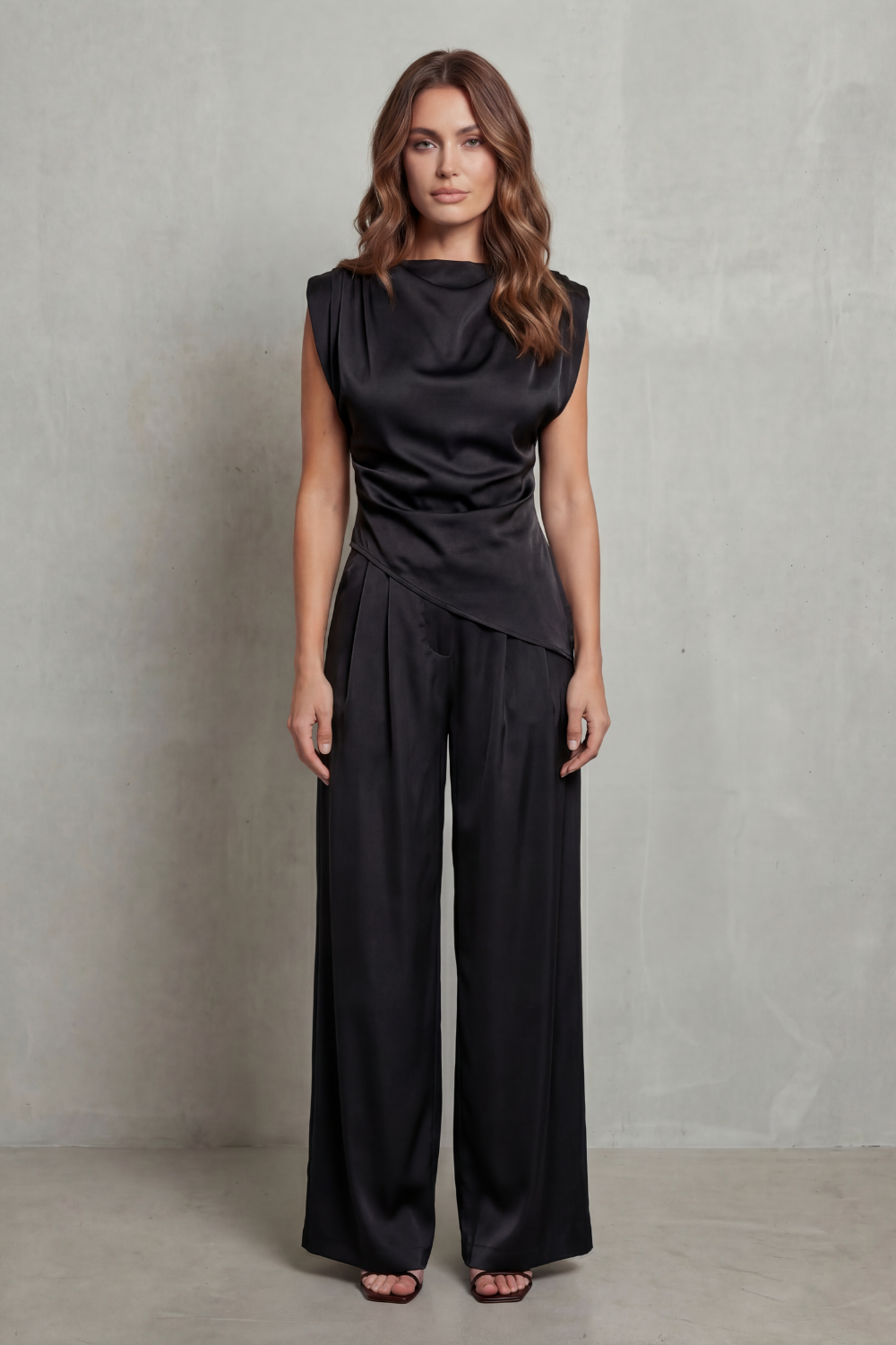Guinevere | Sleeveless Co-Ord Set Charcoal Satin Draped Waist Wide-Leg for Women