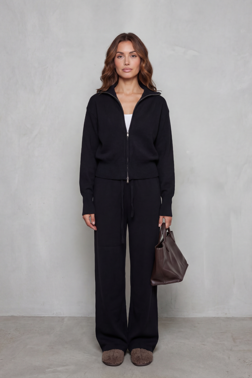 Meredith | Knit Lounge Set Dark Brown Two-Piece Zip Cardigan & Wide-Leg Trousers for Women