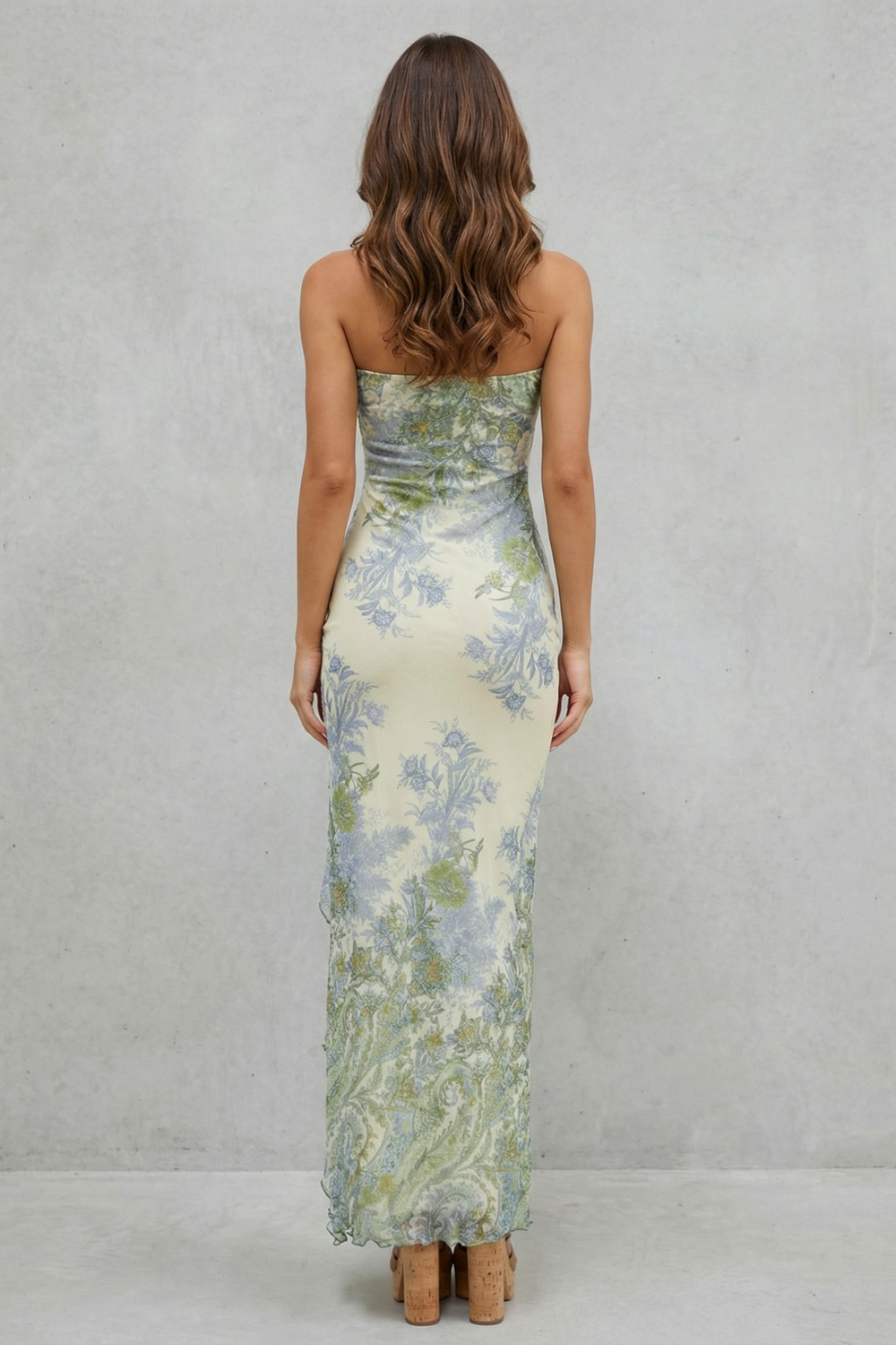 Rosalind | Maxi Dress Sage Green Floral Chiffon Strapless Ruffle Slit for Women