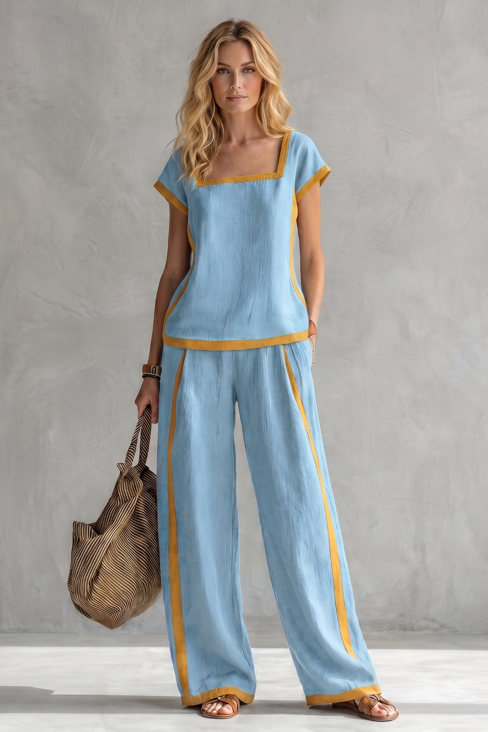 Phoebe | Two-Piece Set Slate Grey Linen Blend Cap Sleeve Wide-Leg Contrast Trim for Women