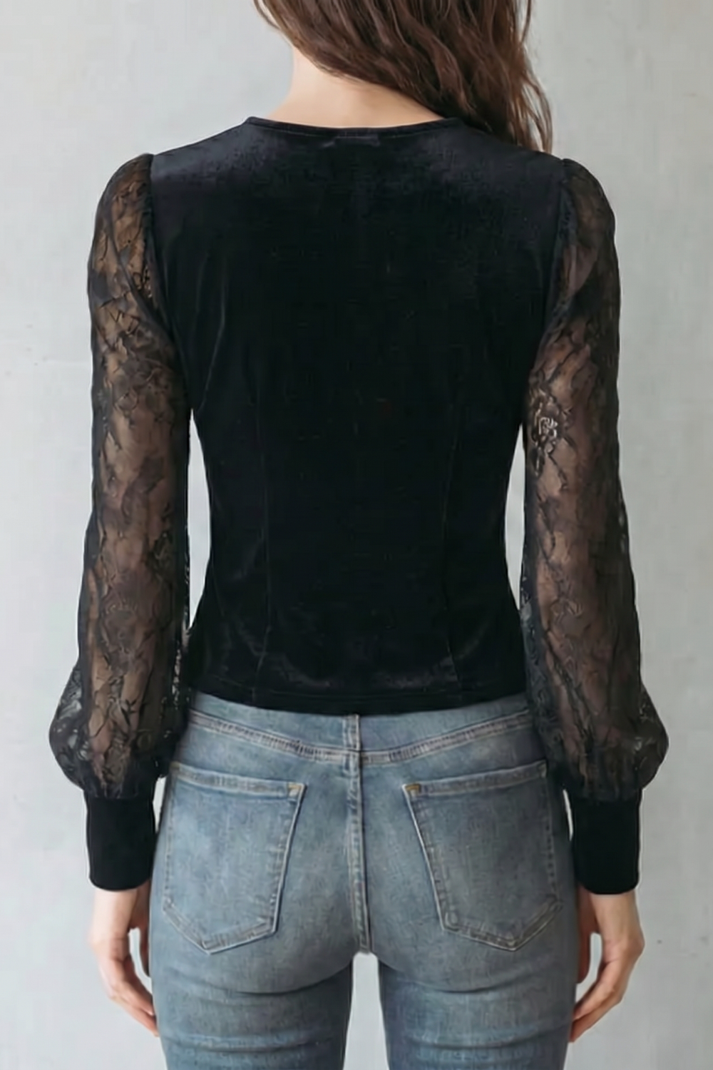 Phoebe | Blouse Black Velvet Lace Sleeve Corset Button-Front for Women