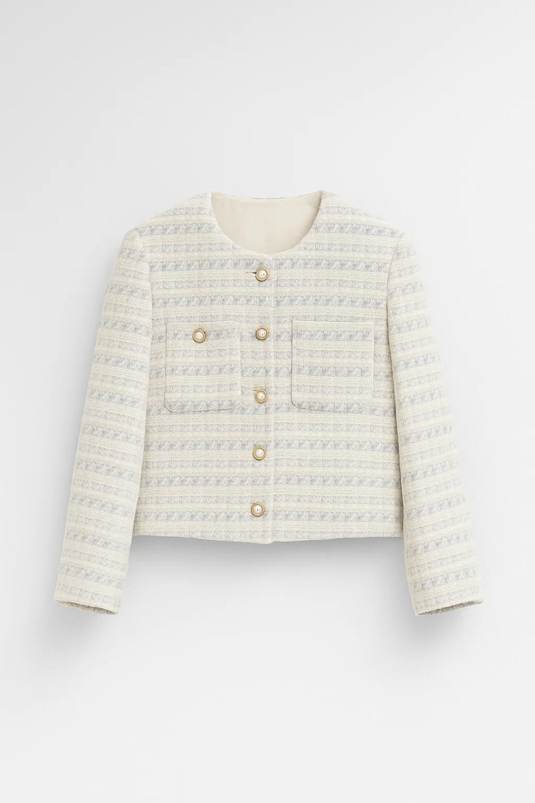 Harriet | Tweed Jacket Cream Blue Striped Pearl Button for Women