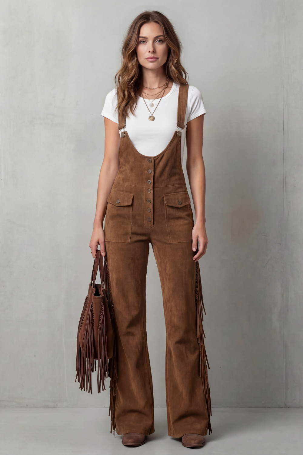 Margot | Fringed Suede Dungaree Brown Flared Wide-Leg for Women