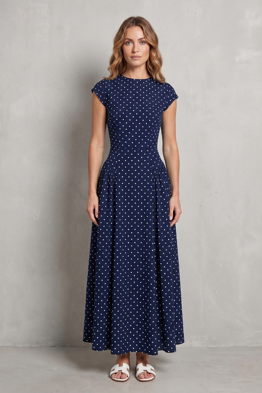 Phoebe | Maxi Dress White Black Polka Dot Cap Sleeve A-Line for Women