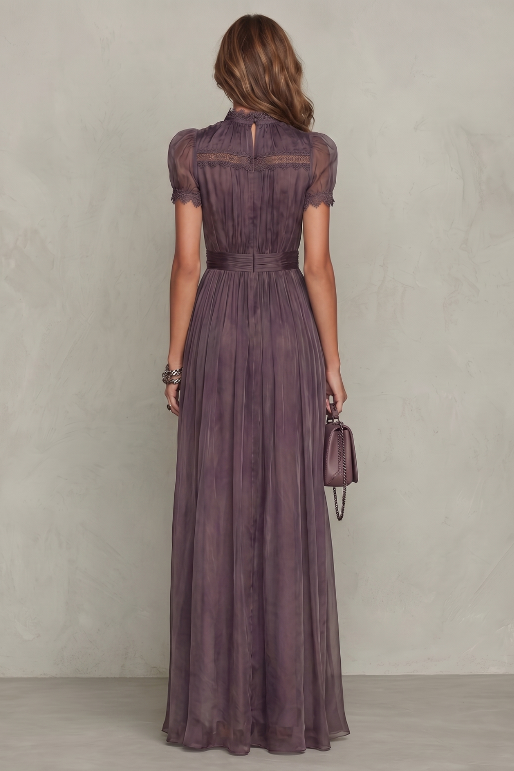 Cecily | Maxi Dress Purple Chiffon Lace Keyhole Short Sleeve for Women