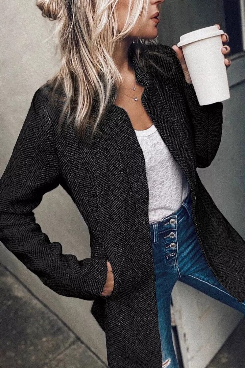 Maeve | Blazer Grey Herringbone Wool-Blend Open-Front for Women