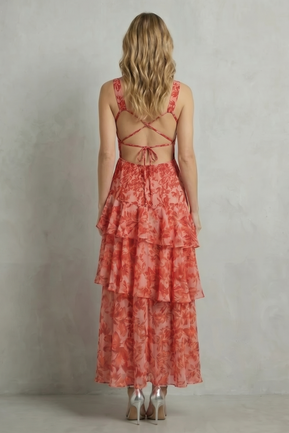 Primrose | Maxi Dress Pink Red Floral Chiffon Tiered V-Neck for Women