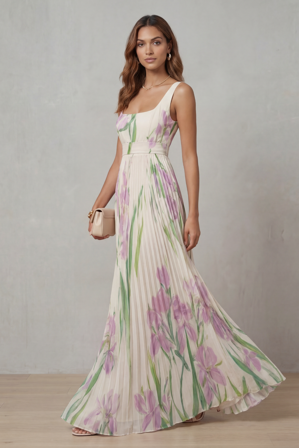 Phoebe | Maxi Dress Blush Pink Floral Pleated Square Neck for Women
