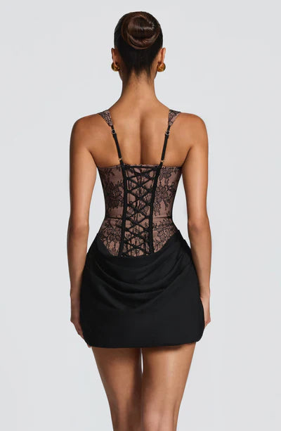 Mabel | Mini Dress Chocolate Brown Corset Draped Skirt for Women