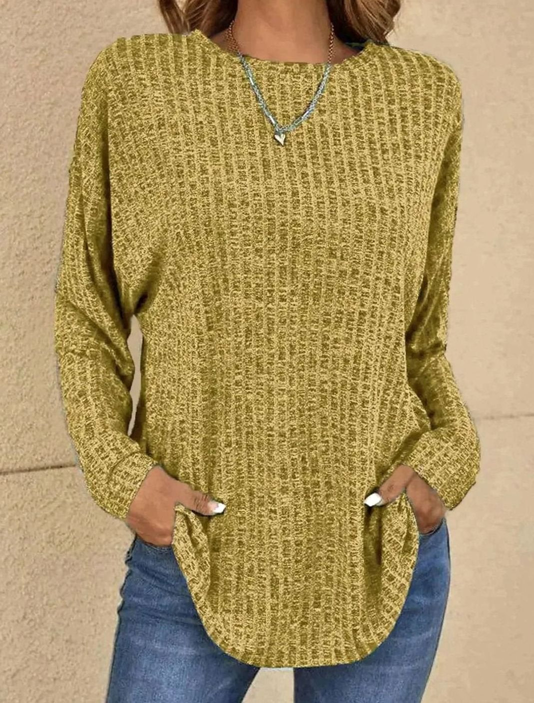 Petronella | Long Sleeve Knit Top Black Grey Waffle-Knit Round Neck for Women