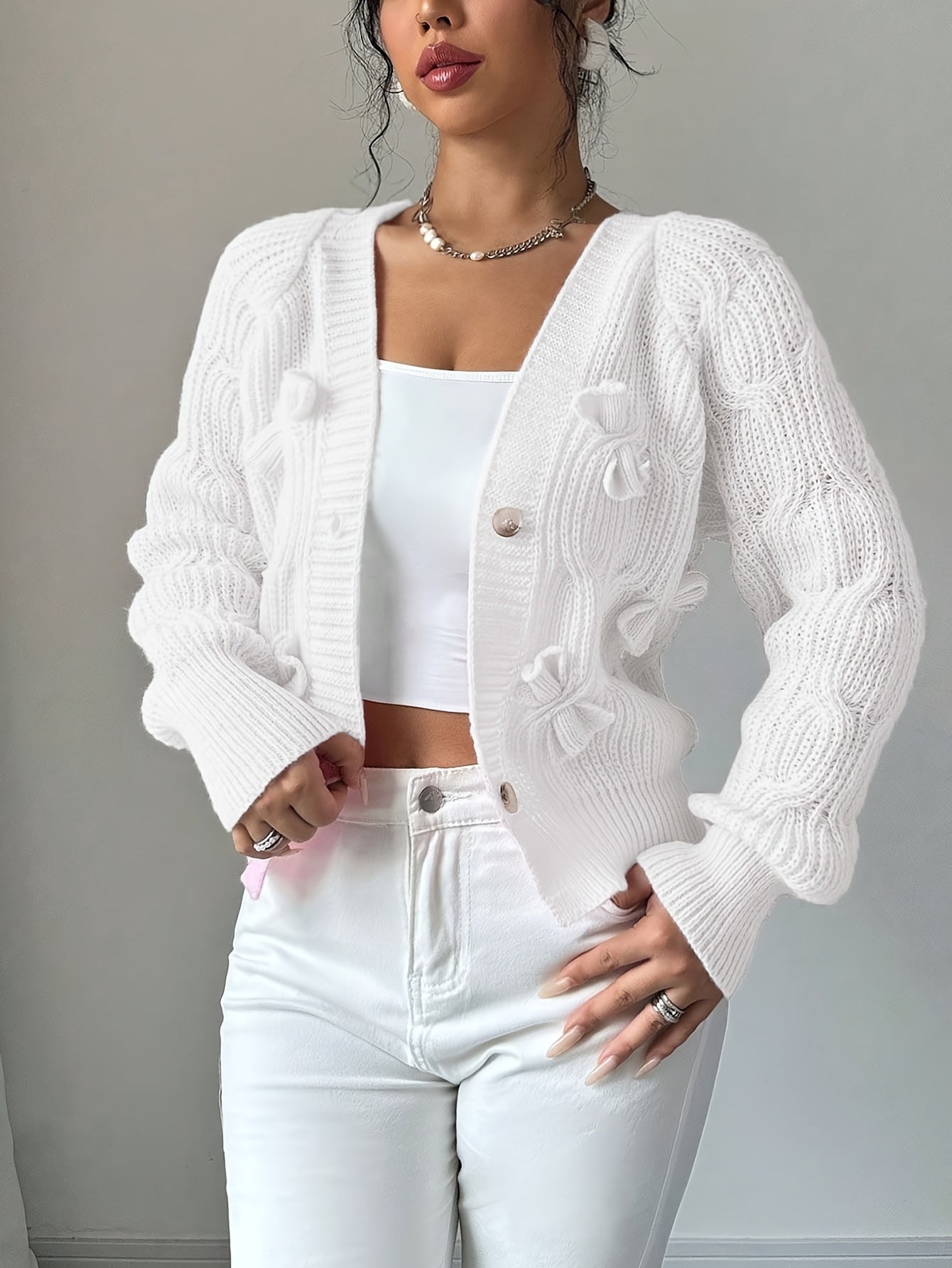 Nerissa | Cardigan Pink Knit Bow-Detail V-Neck for Women