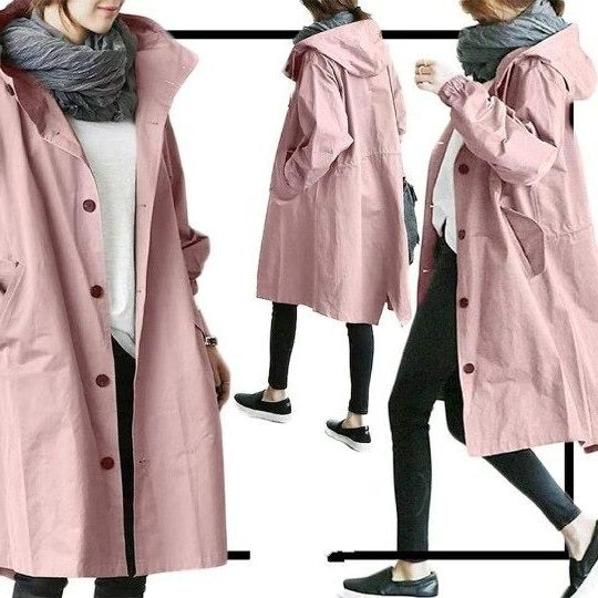 Tilly | Long Hooded Raincoat Grey Cotton Snap-Button for Women