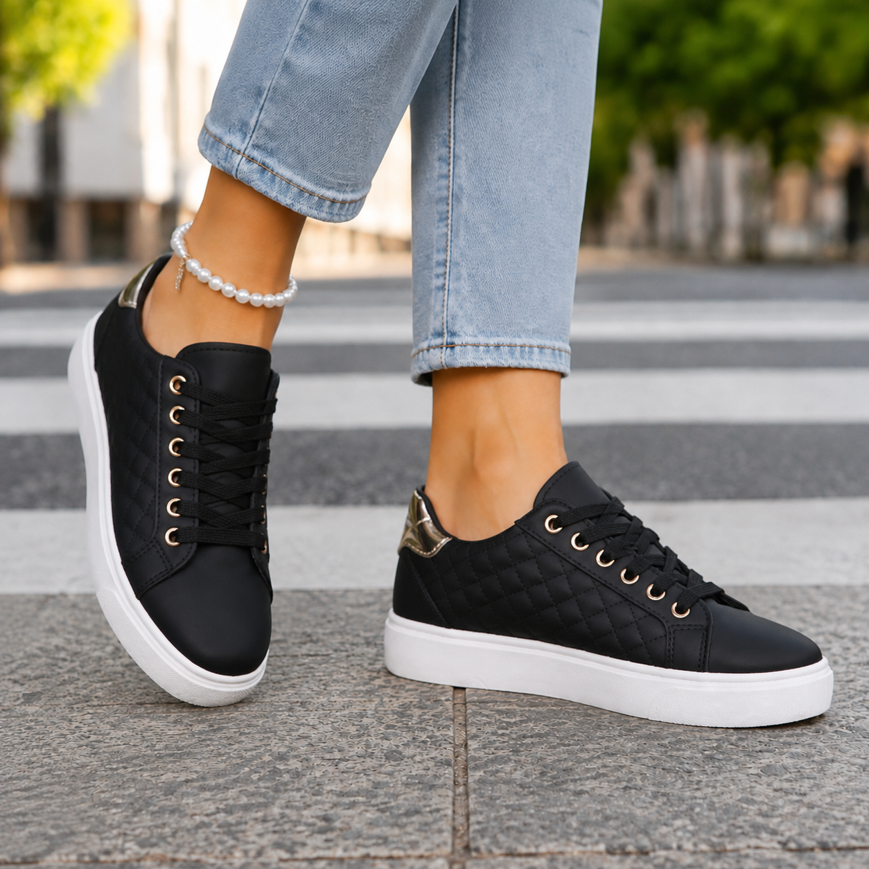 Juliet | Quilted Trainers White Gold-Tone Lace-Up for Women
