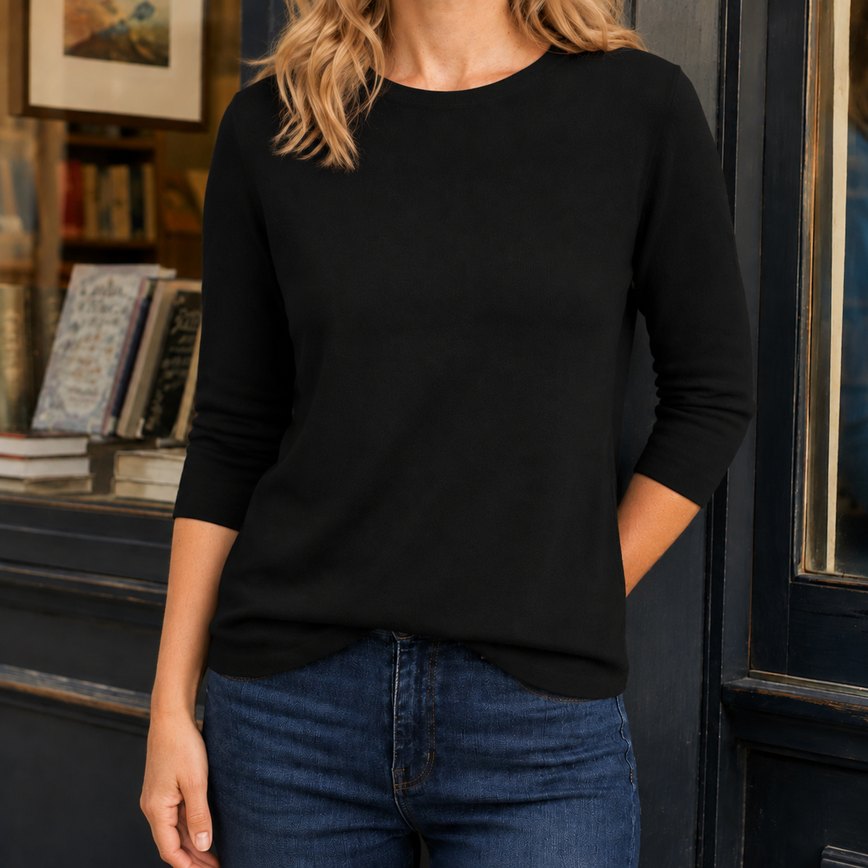 Nola | Round Neck Top Sky Blue Knit Three-Quarter Sleeve for Women