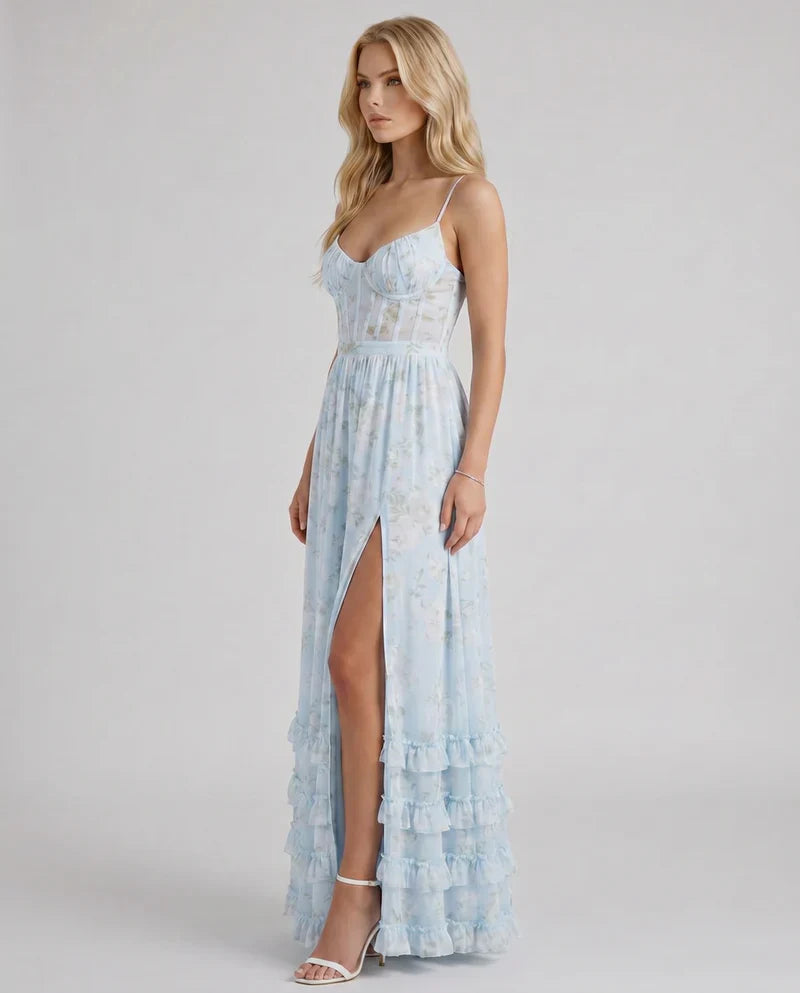 Mabel | Maxi Party Dress Powder Blue Floral Chiffon Corset for Women