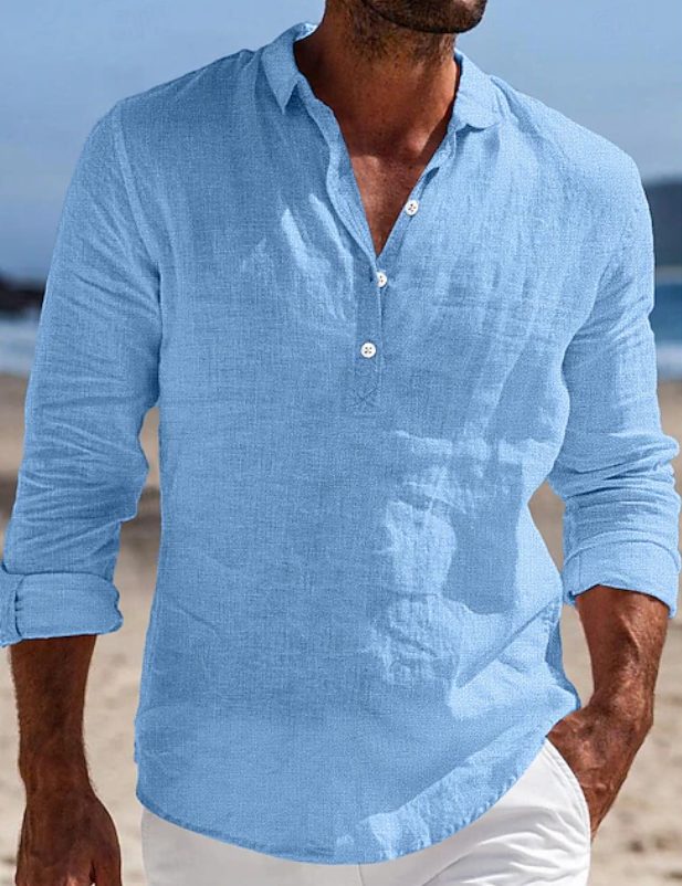 Angus | Linen Shirt Black Long Sleeve Button Placket for Men