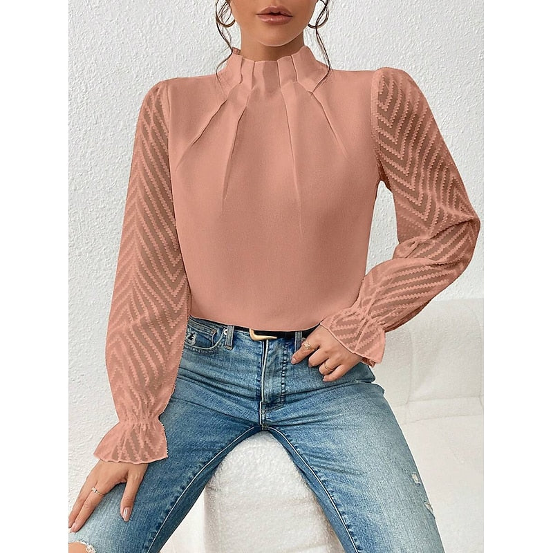 Una | Blouse Black Chiffon Lace-Sleeve High-Neck for Women