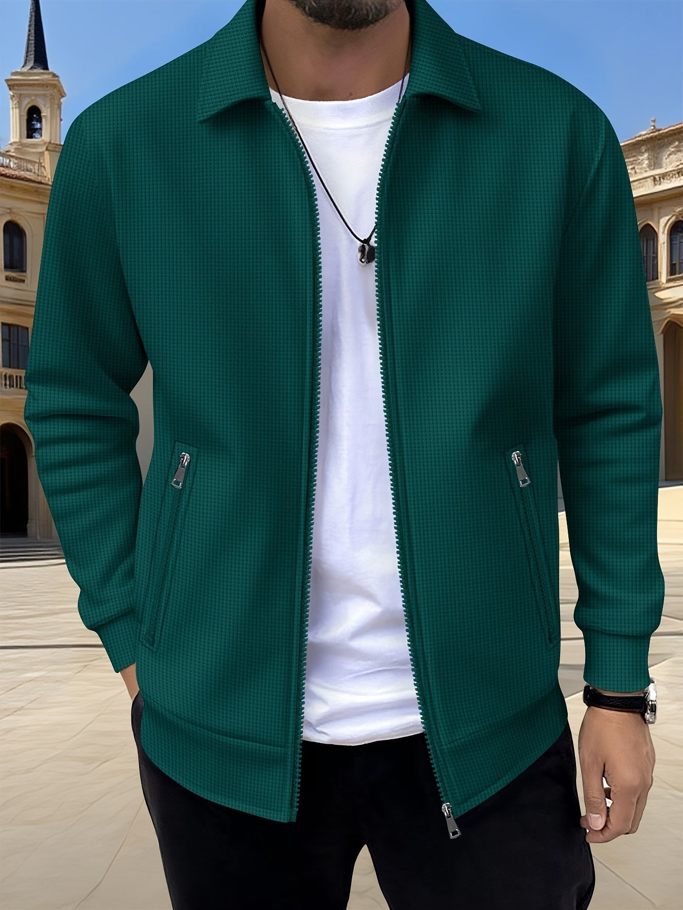 Lachlan | Zip-Up Jacket White Waffle Knit Collared for Men